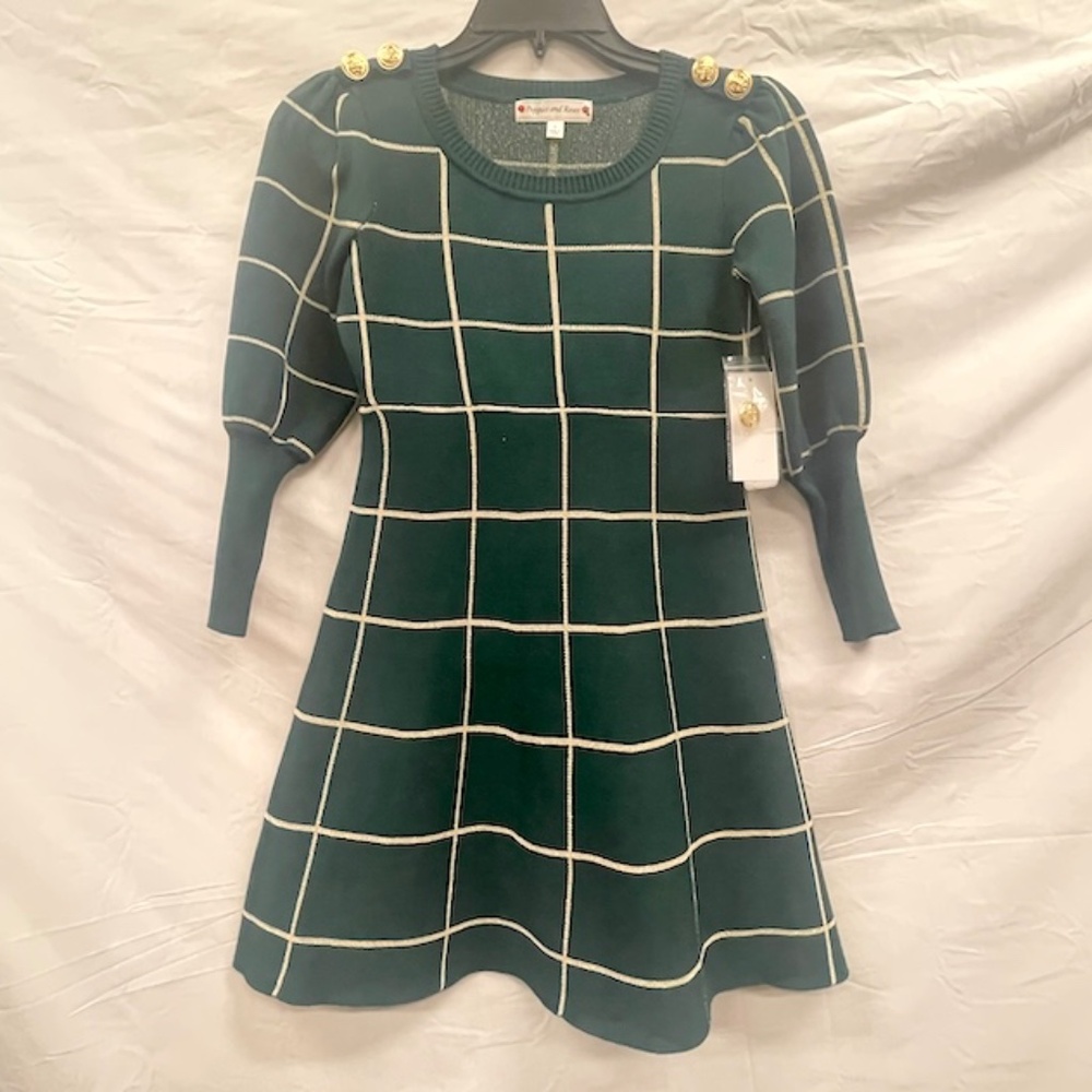 Poppies & Roses Girl's Green & Gold Plaid Party Dress Size Large